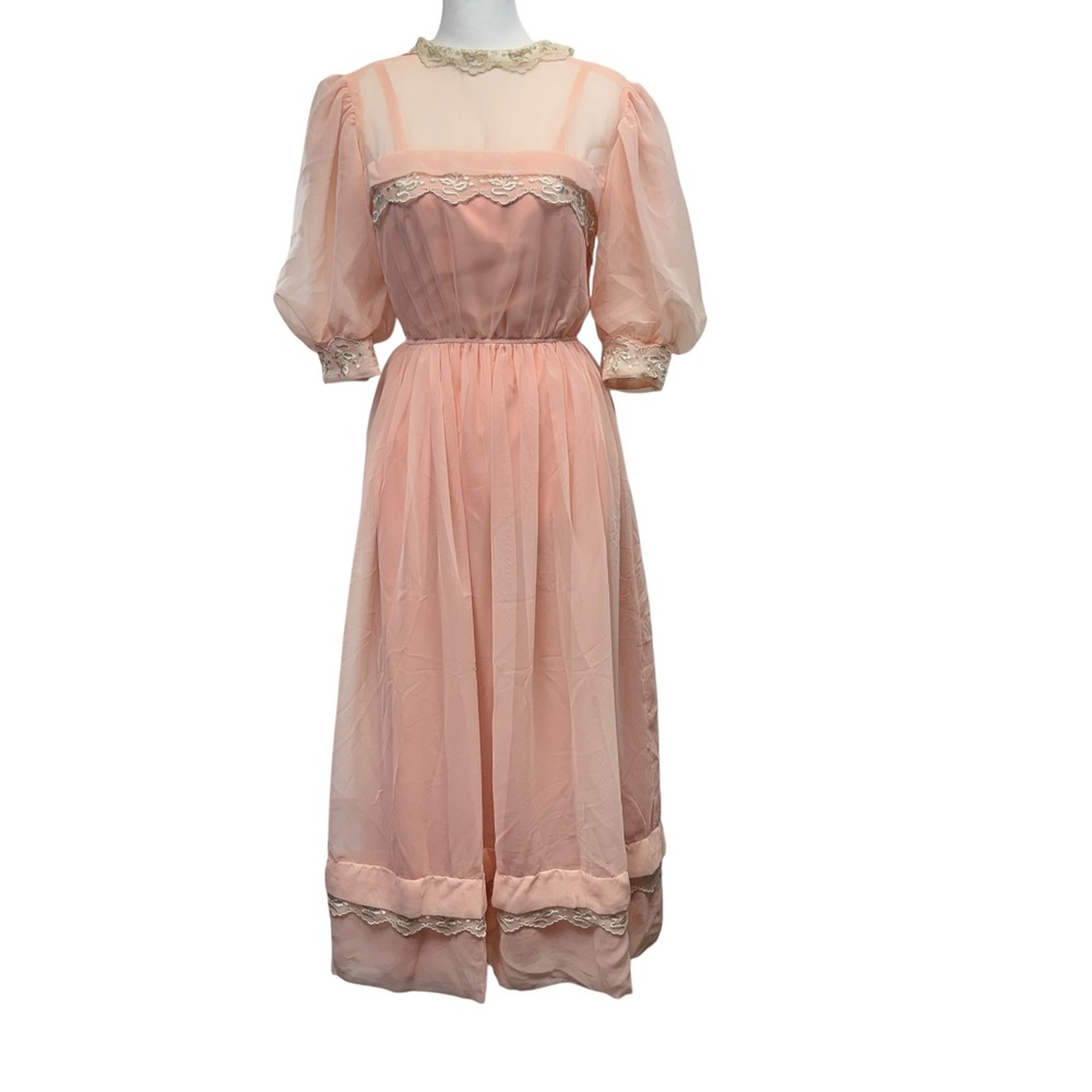 Vintage Peach Chiffon Lace Midi Dress Size XS Puff Sleeve Regency Core Pink Gown - Picture 2 of 6